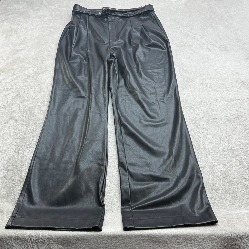 7 For All Mankind Pants Women's L Black Faux Leather Pleated Wide Leg Edgy Chic